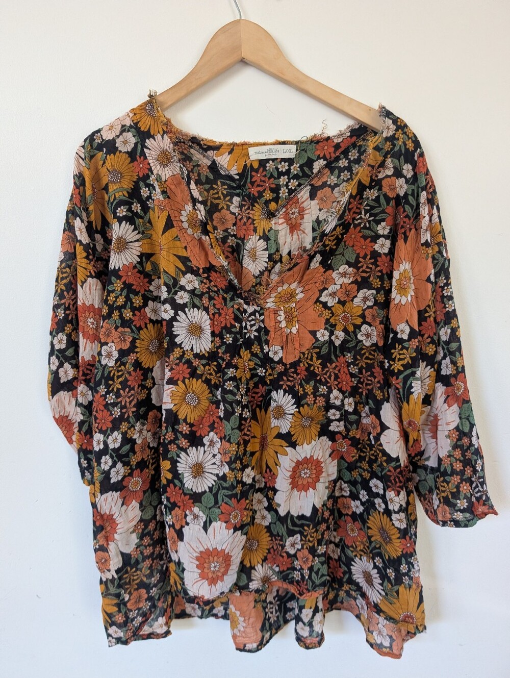 Natural Life 100% Cotton Boho Floral V Neck Long Sleeve Top L/XL Large XL - Picture 3 of 6